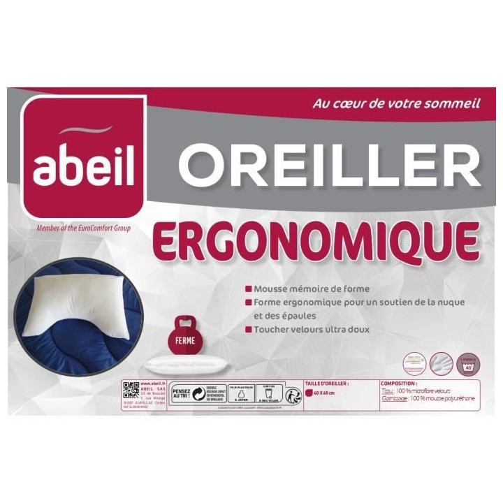ABEIL Oreiller Ergonomique a Mémoire de Forme 40x60cm