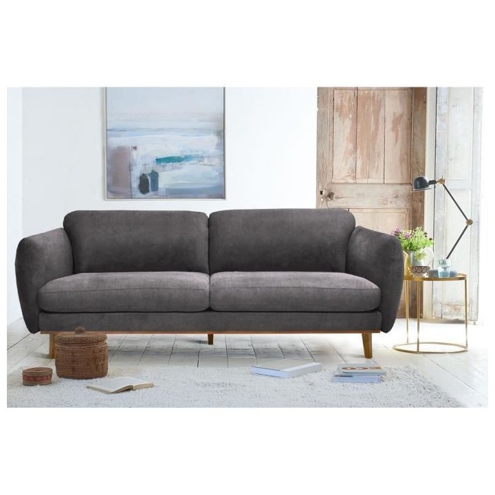 Hexagone - Canapé 3 places fixe - Tissu gris - L 218 x P 87 x H 81 cm