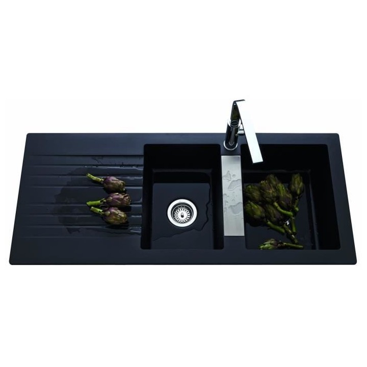 EWI Evier cuisine a encastrer 2 bacs + 1 égouttoir Soledad - Résine