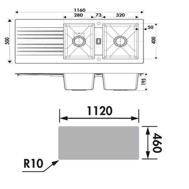 EWI Evier cuisine a encastrer 2 bacs + 1 égouttoir Soledad - Résine