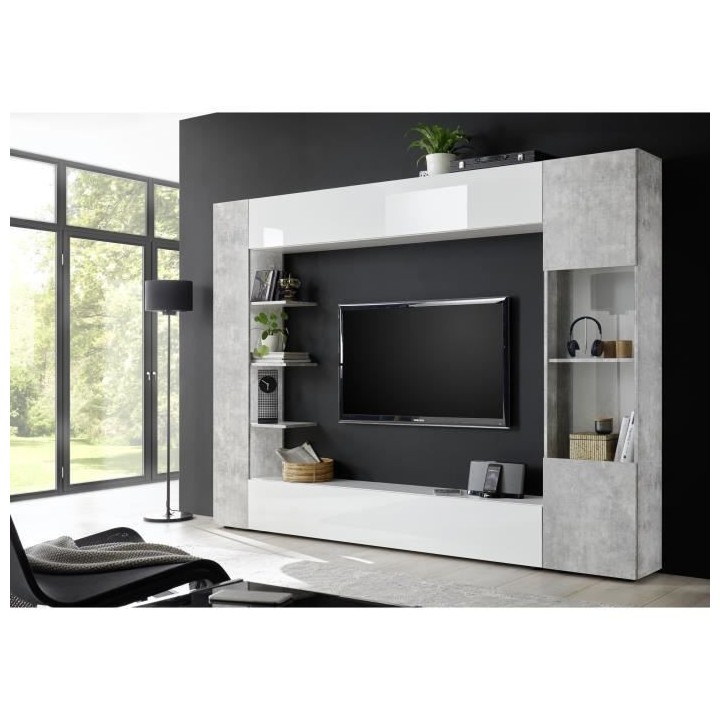 SIENNA Composition murale TV - Laqué blanc et béton - L295 x P30 x H