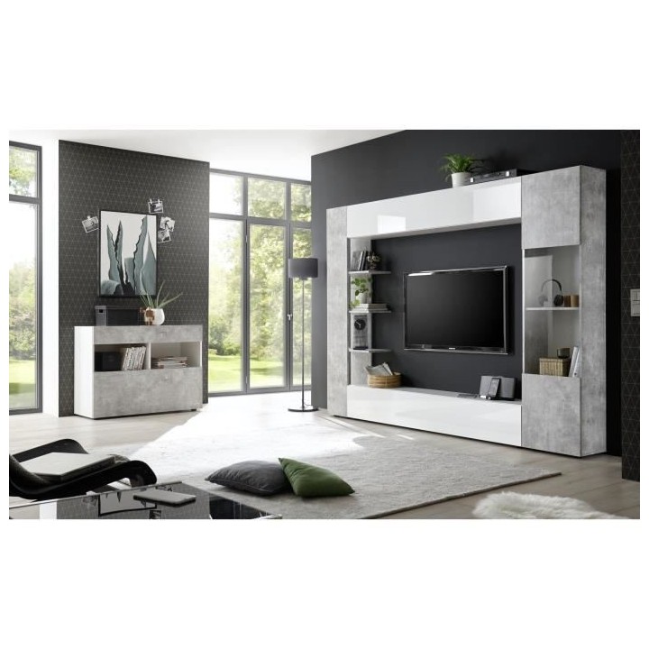 SIENNA Composition murale TV - Laqué blanc et béton - L295 x P30 x H