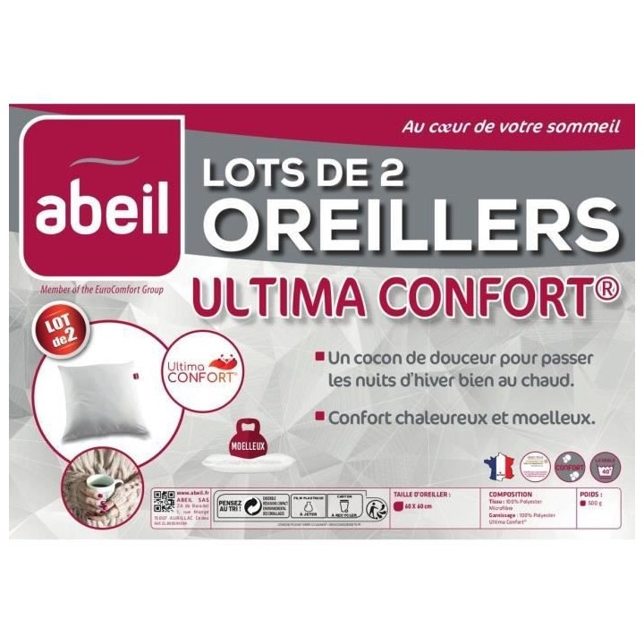 ABEIL Lot de 2 oreillers Ultima Confort - 60 x 60 cm