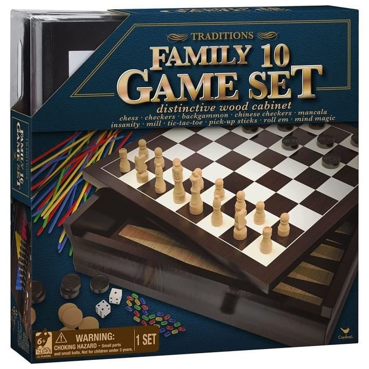 Coffret en bois de 10 jeux classiques Echecs Dames Solitaire