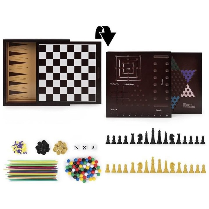 Coffret en bois de 10 jeux classiques Echecs Dames Solitaire