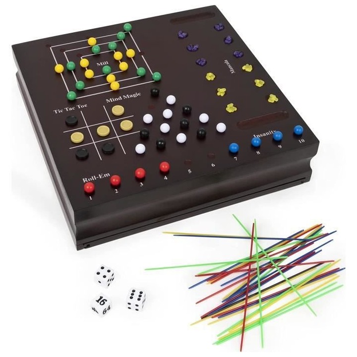 Coffret en bois de 10 jeux classiques Echecs Dames Solitaire