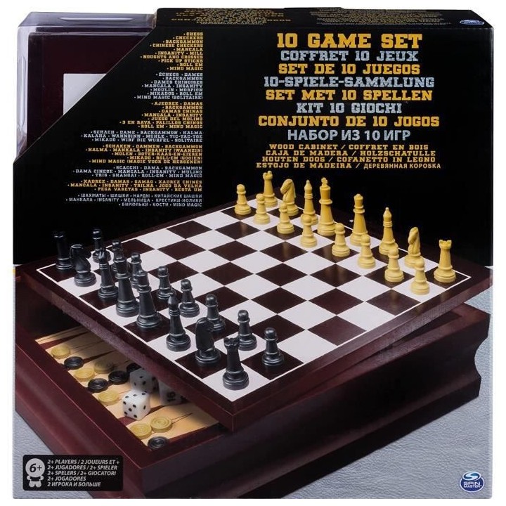 Coffret en bois de 10 jeux classiques Echecs Dames Solitaire