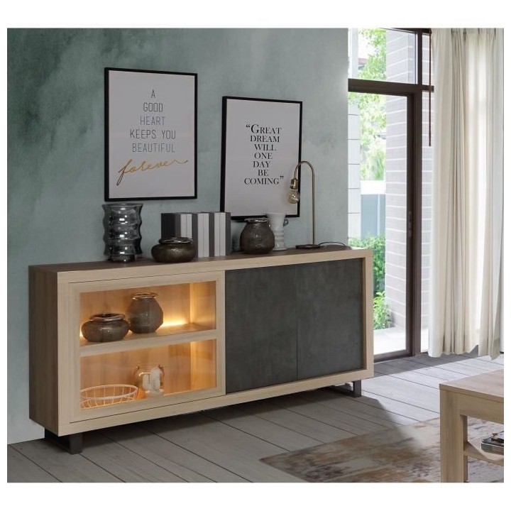 Enfilade 2 portes 1 porte vitrée - Décor béton foncé et chene clai