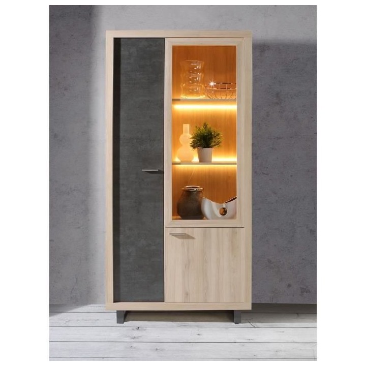 Vitrine 1 porte vitrée 2 portes + éclairage inclus - Décor béton f