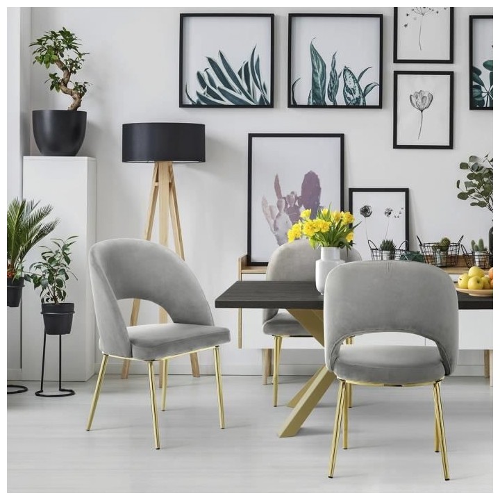 Lot de 2 chaises - Velours gris - Pieds en métal - L 52 x P 51 x H 83