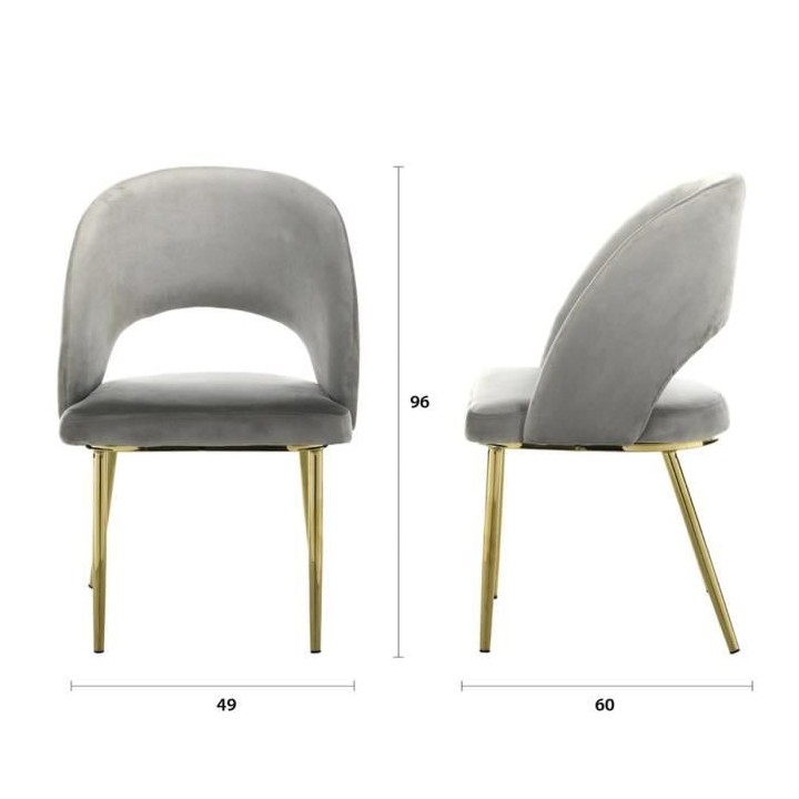 Lot de 2 chaises - Velours gris - Pieds en métal - L 52 x P 51 x H 83
