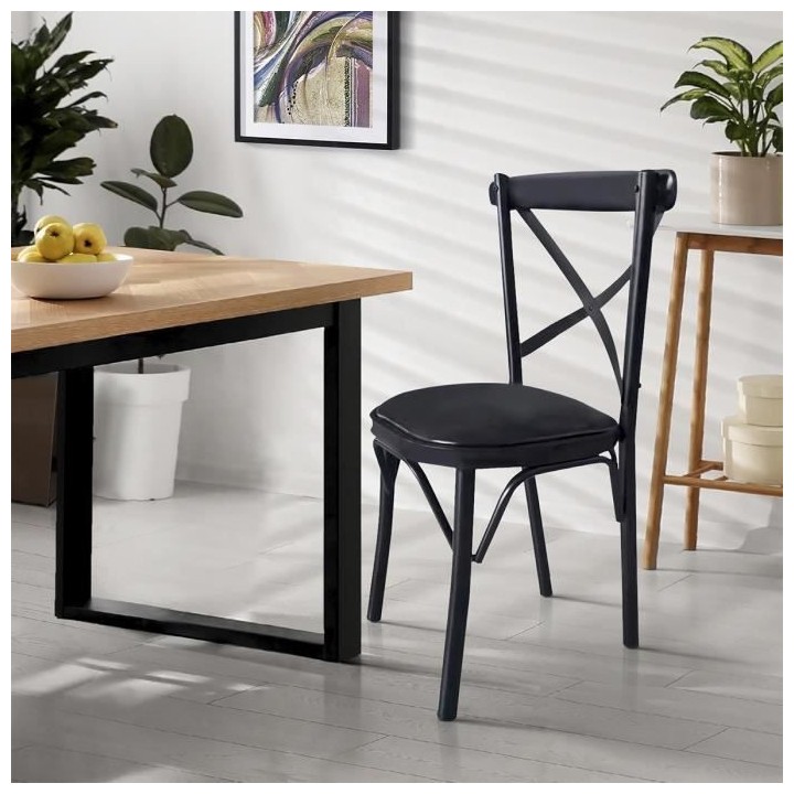 Chaise en métal - Simili noir - L 50 x P 61,5 x H 81,5 cm - CHARLIE