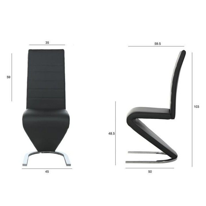 Lot de 2 chaises - Simili noir - Pieds en métal - L 43 x P 55 x H 105