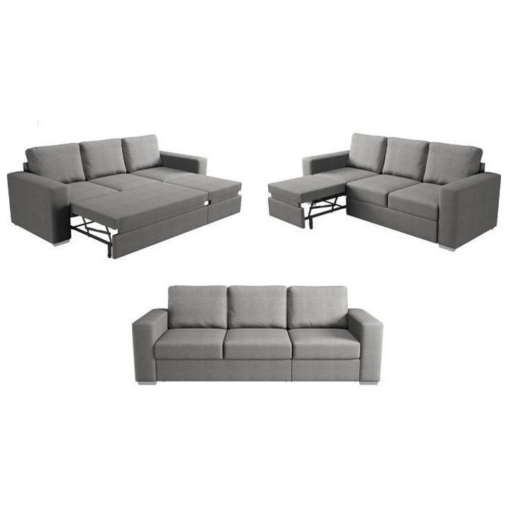 Canapé convertible 3 places STONE - Tissu gris - Méridienne - L 233