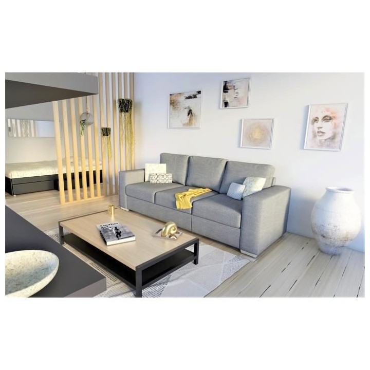 Canapé convertible 3 places STONE - Tissu gris - Méridienne - L 233