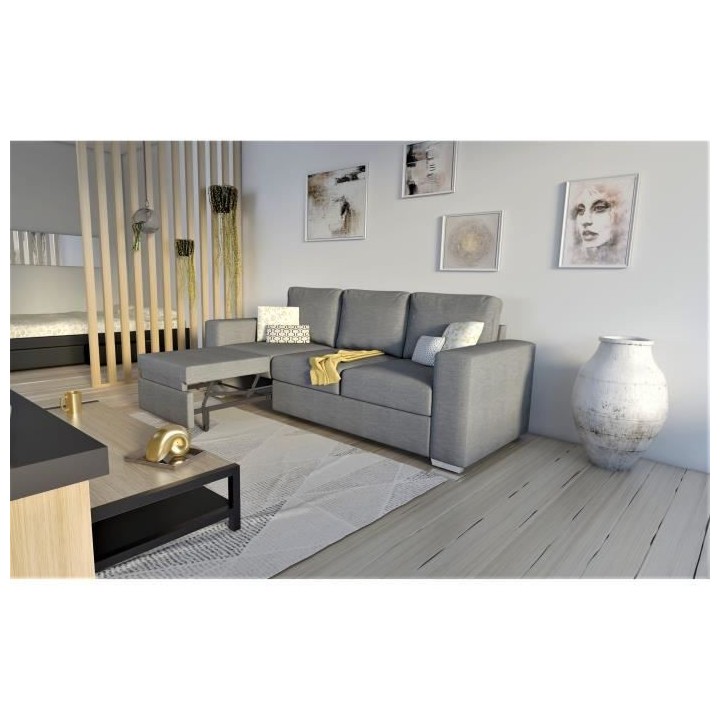 Canapé convertible 3 places STONE - Tissu gris - Méridienne - L 233