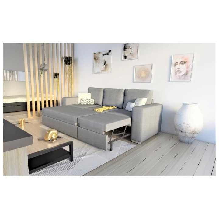 Canapé convertible 3 places STONE - Tissu gris - Méridienne - L 233