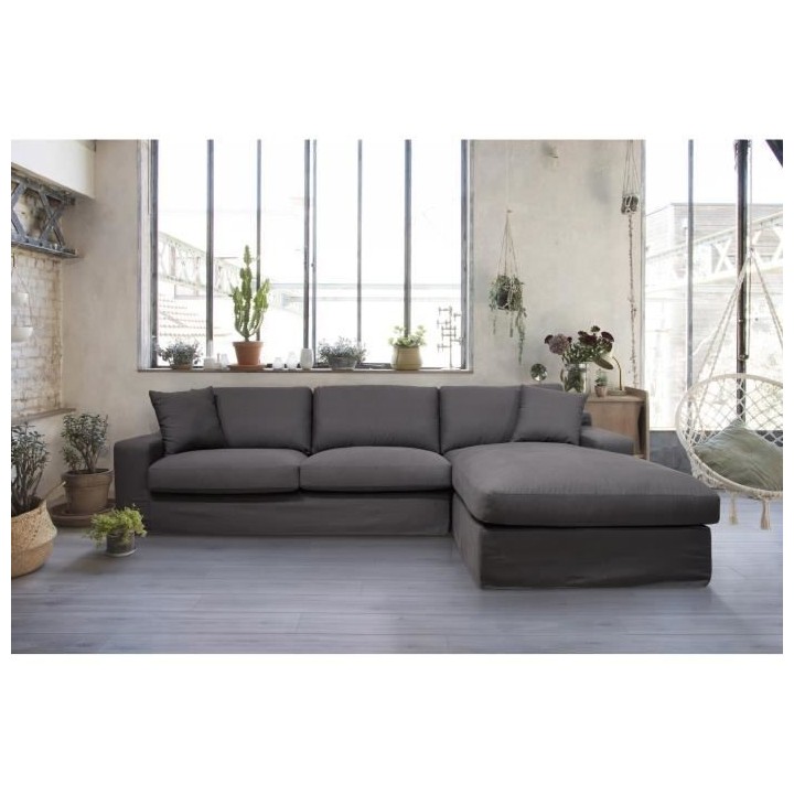 Hexagone - Canapé d'angle fixe droit - Tissu gris ardoise - L 306 x P