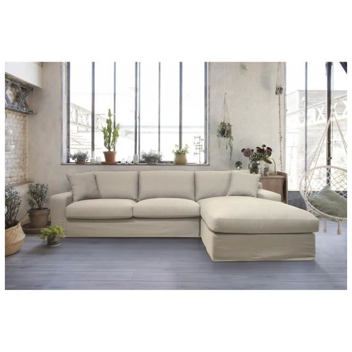 Hexagone - Canapé d'angle fixe droit - Tissu mastic - L 306 x P 190 x