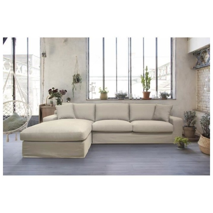 Hexagone - Canapé d'angle fixe gauche - Tissu mastic - L 306 x P 190