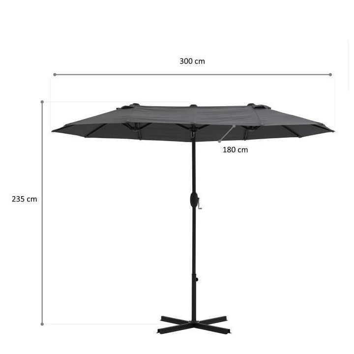Parasol droit 2 tetes 3 x 1,8 m - Mât et baleines en acier - polyeste