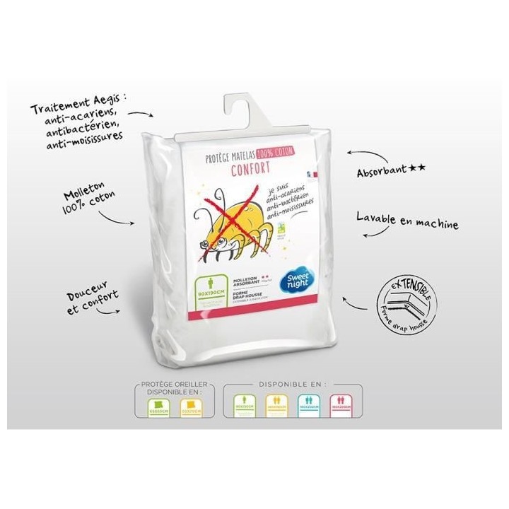 SWEETNIGHT Protege-matelas CHLoe AEGIS 100% coton anti-acariens 180x20