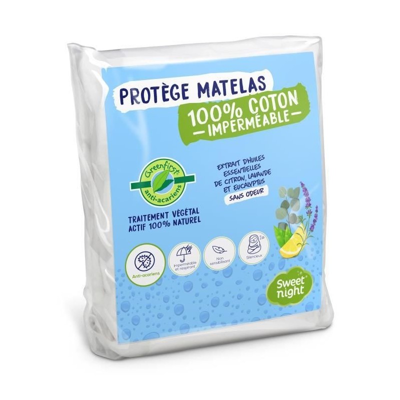 SWEET NIGHT Protege matelas imperméable anti-acariens traitement végétal Greenfirst - 140 x 190/200 cm - Blanc