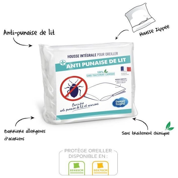 SWEET NIGHT Housse intégrale pour oreiller Anti punaise de lit Anti-a