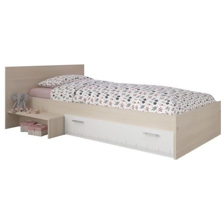 PARISOT Lit enfant l 90 x L 190 cm - Décor acacia et blanc tiroir - C
