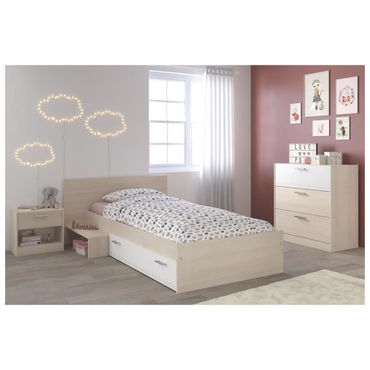 PARISOT Lit enfant l 90 x L 190 cm - Décor acacia et blanc tiroir - C