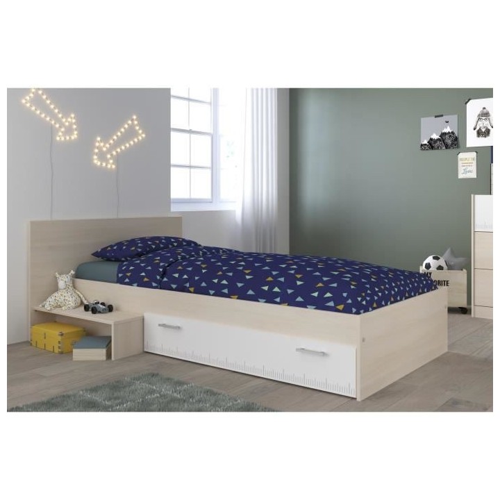 PARISOT Lit enfant l 90 x L 190 cm - Décor acacia et blanc tiroir - C
