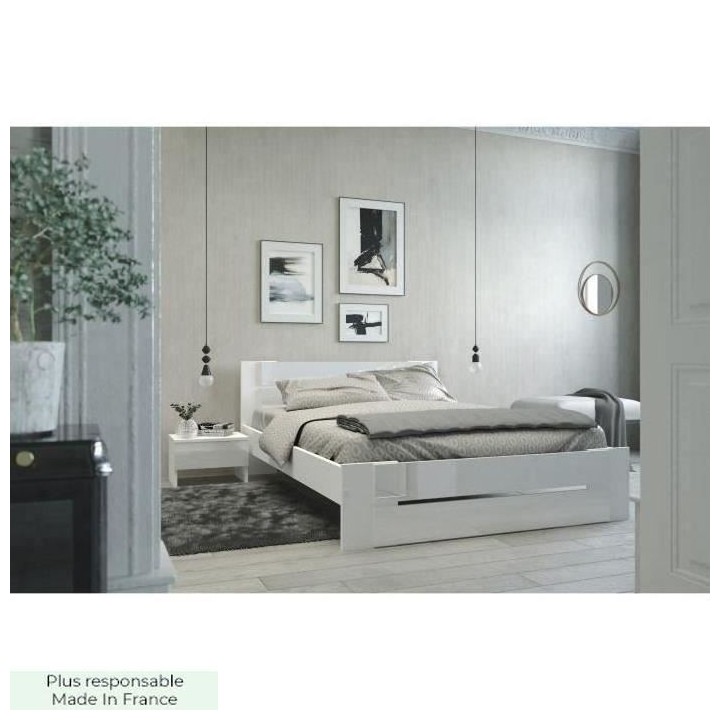 PARISOT Lit adulte - Contemporain - Décor blanc et blanc brillant - l