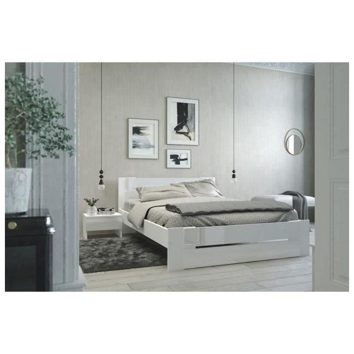 PARISOT Lit adulte - Contemporain - Décor blanc et blanc brillant - l