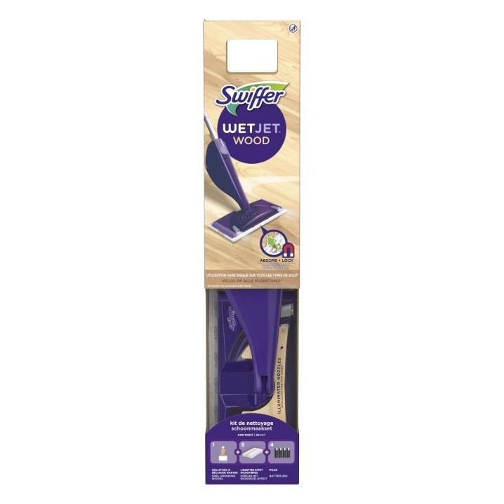 SWIFFER WetJet Wood Balai Spray Kit complet avec 5 lingettes, 1 nettoy