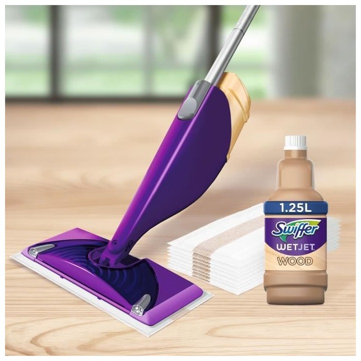 SWIFFER WetJet Wood Balai Spray Kit complet avec 5 lingettes, 1 nettoy