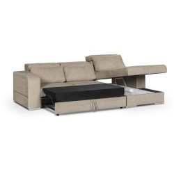 Canapé d' angle droit 4 places convertible + coffre + 3 coussins de dos - Tissu beige biscuit - L 262 x P 183 x H 82 cm - SYDNE