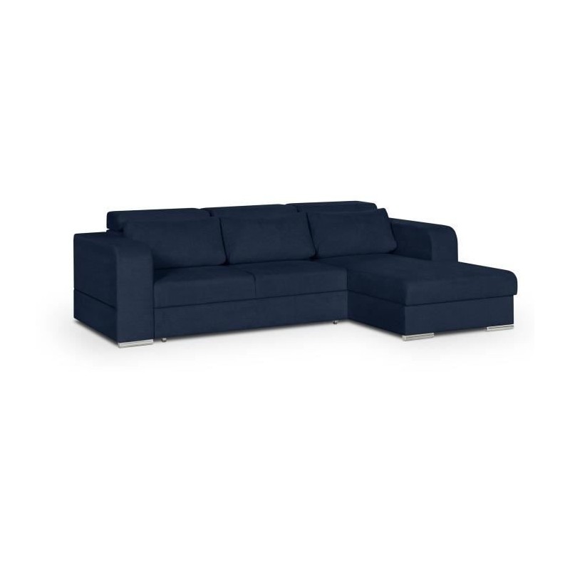 Canapé d' angle droit 4 places convertible + coffre + 3 coussins de dos - Tissu bleu marine - L 262 x P 183 x H 82 cm - SYDNEY