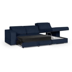 Canapé d' angle droit 4 places convertible + coffre + 3 coussins de dos - Tissu bleu marine - L 262 x P 183 x H 82 cm - SYDNEY