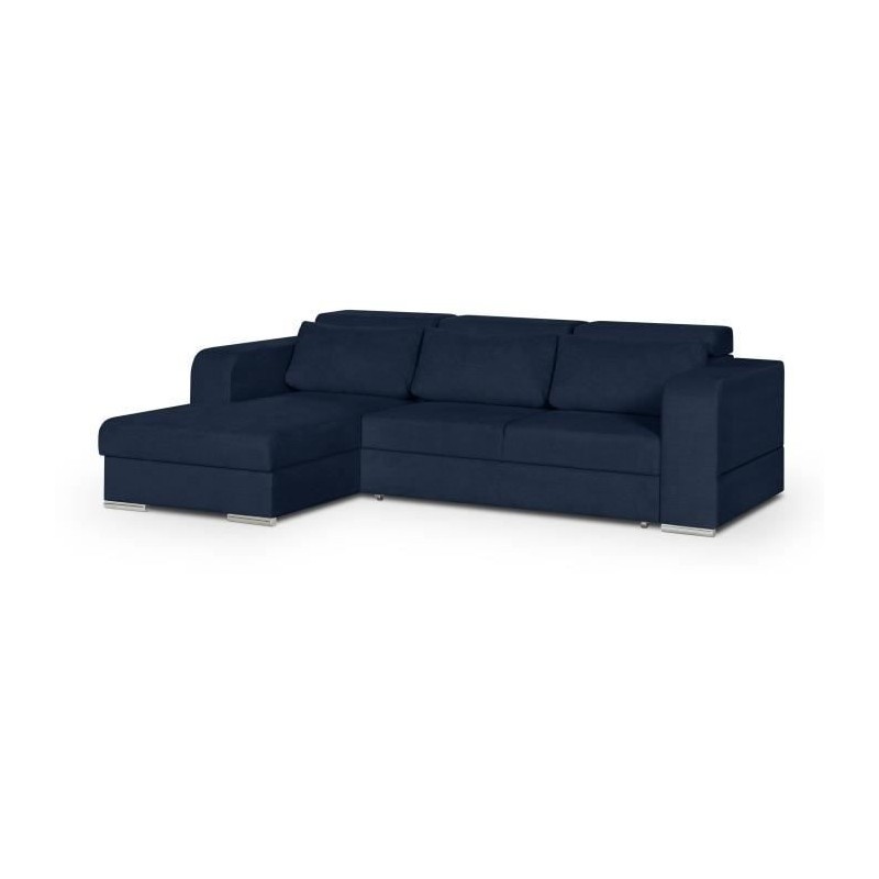 Canapé d' angle gauche 4 places convertible + coffre + 3 coussins de dos - Tissu bleu marine - L 262 x P 183 x H 82 cm - SYDNEY