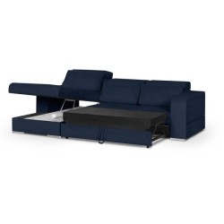 Canapé d' angle gauche 4 places convertible + coffre + 3 coussins de dos - Tissu bleu marine - L 262 x P 183 x H 82 cm - SYDNEY