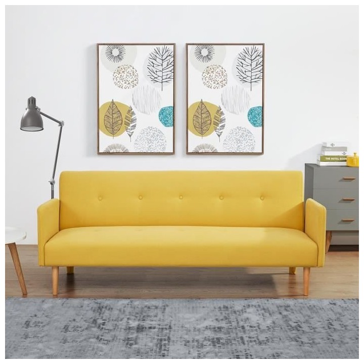 ALICIA Canapé convertible - Tissu Jaune - Pieds bois naturel - L 190