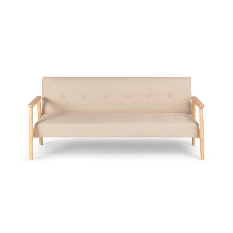 Banquette avec accoudoir en bois - Tissu Beige - Pieds en bois - L 189 x P 90 x H 80 cm - ARCEA