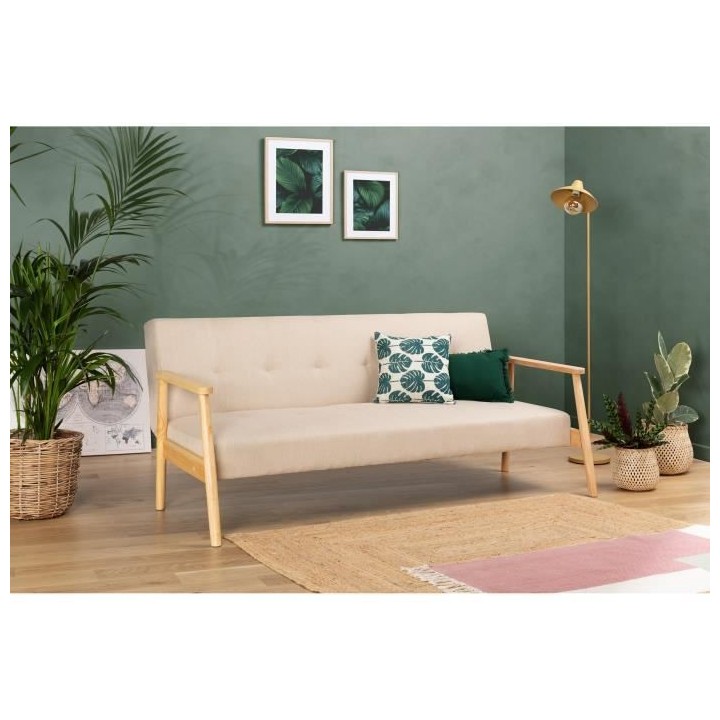 Banquette avec accoudoir en bois - Tissu Beige - Pieds en bois - L 189