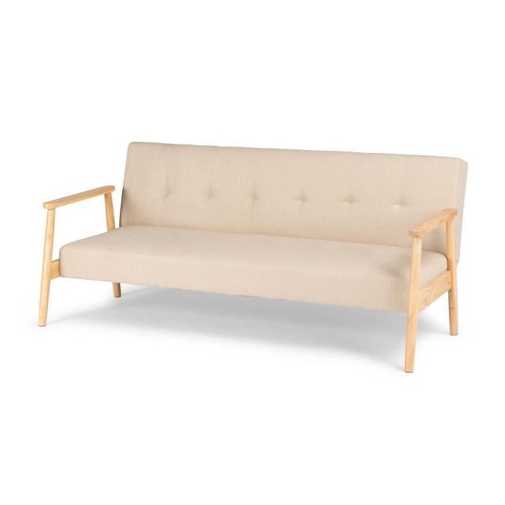 Banquette avec accoudoir en bois - Tissu Beige - Pieds en bois - L 189