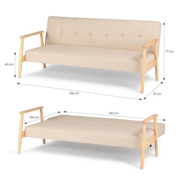 Banquette avec accoudoir en bois - Tissu Beige - Pieds en bois - L 189