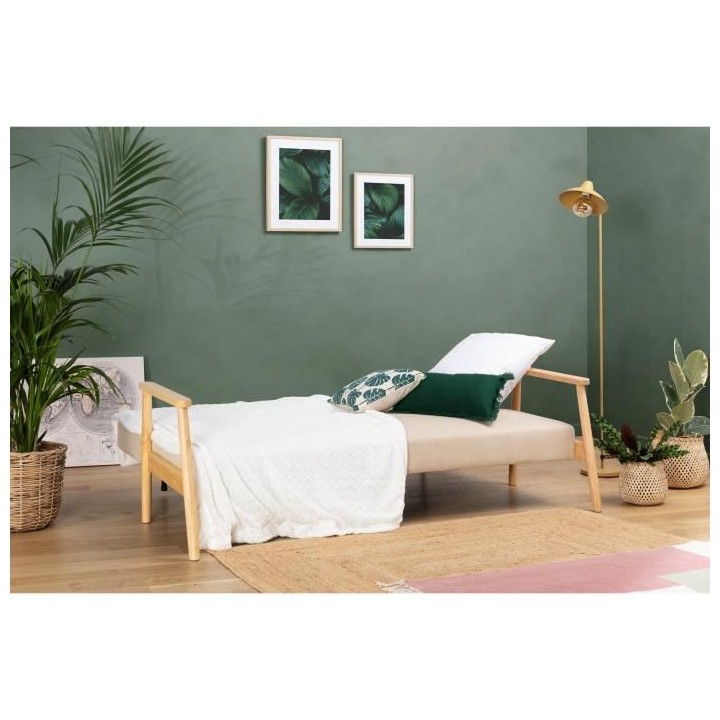 Banquette avec accoudoir en bois - Tissu Beige - Pieds en bois - L 189