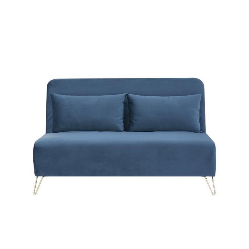 Banquette convertible 2 places - Velours Bleu pieds doré - Style scandinave - L 130 x P 90 x H 81 cm - DEPLO