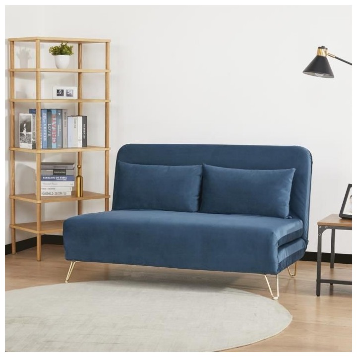 Banquette convertible 2 places - Velours Bleu pieds doré - Style scan