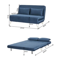 Banquette convertible 2 places - Velours Bleu pieds doré - Style scandinave - L 130 x P 90 x H 81 cm - DEPLO