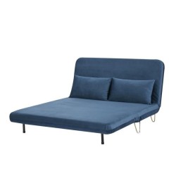 Banquette convertible 2 places - Velours Bleu pieds doré - Style scandinave - L 130 x P 90 x H 81 cm - DEPLO